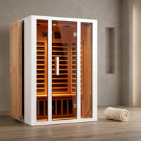 2 Person Extendable FAR Infrared Sauna for Home, Hemlock Wood Low EMF 6 Carbon Heaters Indoor Saunas with LED Lights, Bluetooth Speaker, Digital Control Panel, and Seating Bench — Studio Shot