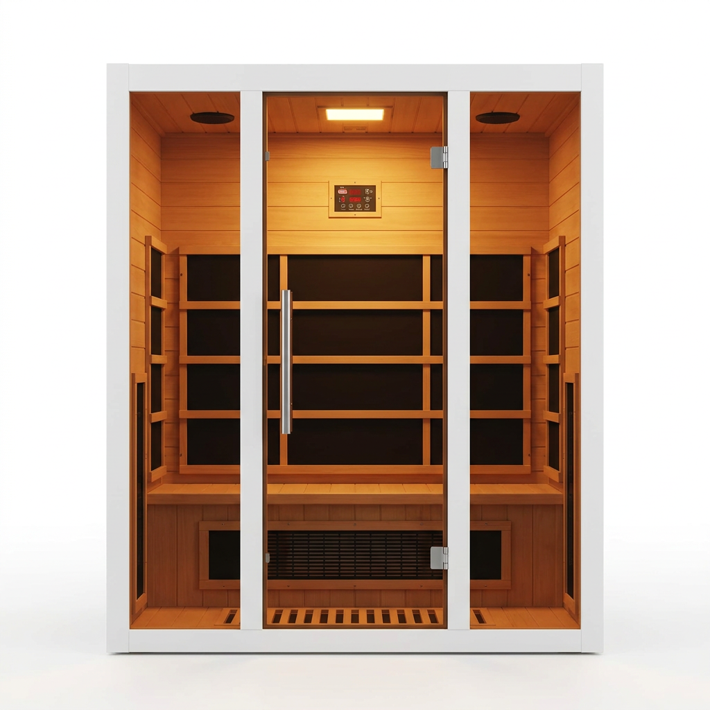 2 Person Extendable FAR Infrared Sauna for Home, Hemlock Wood Low EMF 6 Carbon Heaters Indoor Saunas with LED Lights, Bluetooth Speaker, Digital Control Panel, and Seating Bench — Studio Shot