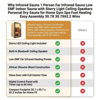 Infrared Sauna 1 Person Far Infrared Sauna Low EMF Indoor Sauna with Starry Light Ceiling Speakers Personal Dry Sauna for Home Gym Spa Fast Heating Easy Assembly 30.7X 30.7X62.2 — Comparison