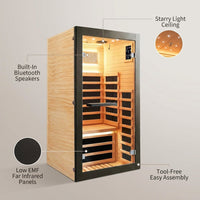 Infrared Sauna 1 Person Far Infrared Sauna Low EMF Indoor Sauna with Starry Light Ceiling Speakers Personal Dry Sauna for Home Gym Spa Fast Heating Easy Assembly 30.7X 30.7X62.2 — infographic