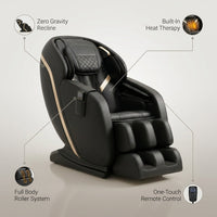 Massage Chair Built to Support Recovery, Zero Gravity Design, Heating Function, Remote Control — infographic